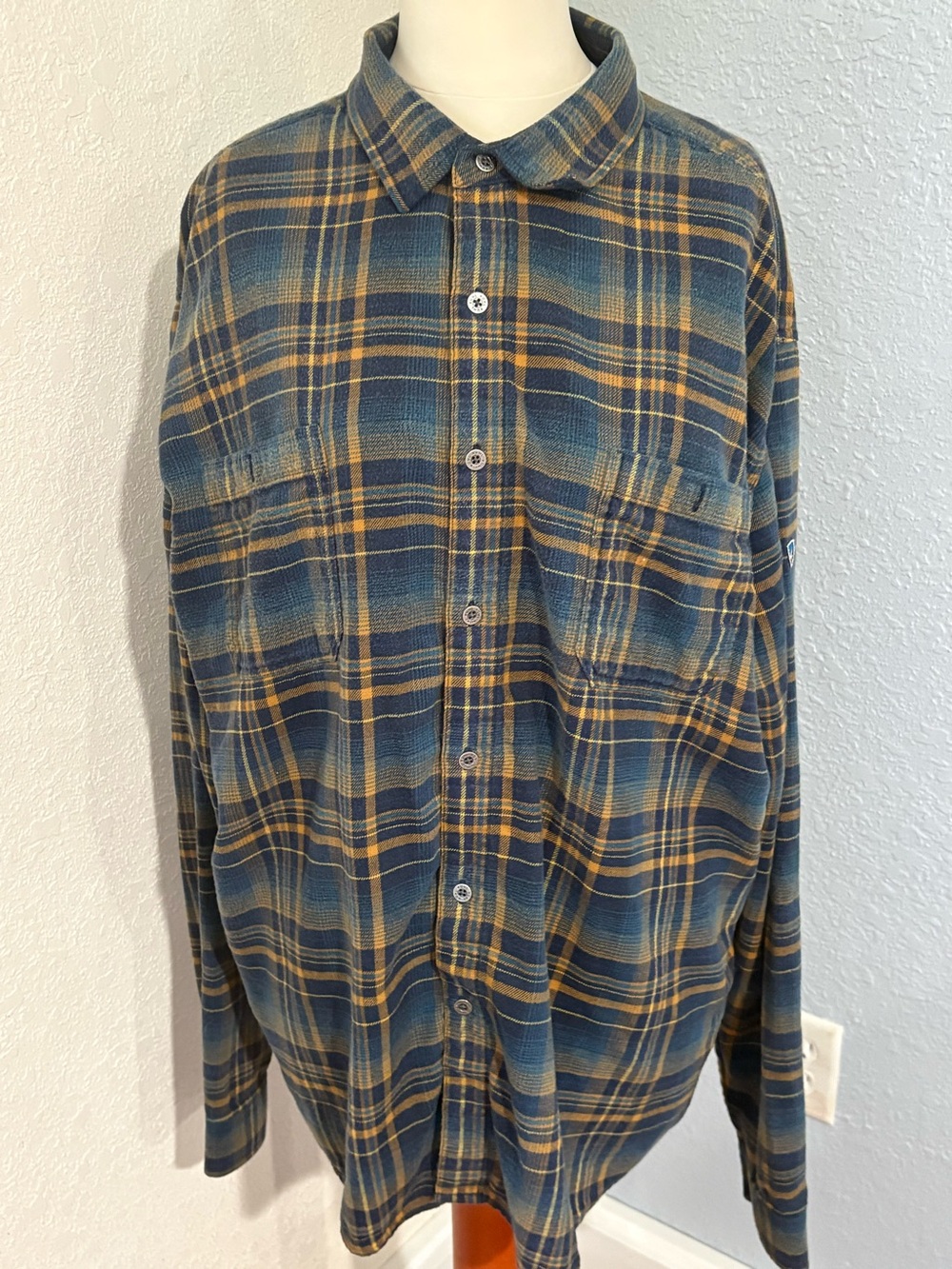 KUHL Men's XXL Plaid Flannel Shirt Long Sleeve Cotton Tencel Blue Orange 16F